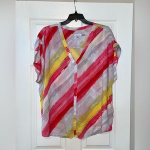 Women’s Calvin Klein 2X V-Neck Capped Sleeve Gray Pink Yellow Striped Blouse